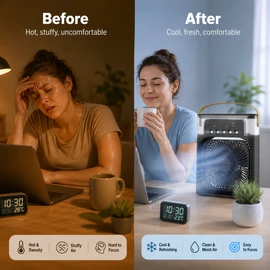 Portable Personal Air Cooler for Desk Use – 4-in-1 Mist Fan with 650 mL Tank, 3 Speeds and 7-Color Night Light