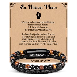 Focxoio Men's Bracelet with Tiger's Eye Beads, Leather Bracelet Gift for Dad, Son, Grandpa, Grandson, Man, Nephew, Brother, Friend, Pearl Bracelet for Valentine's Day, Anniversary, Birthday, Christmas