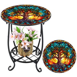 Cinnvoice Outdoor Side Table Round Small Mosaic Patio Accent Indoor End Plant Metal Coffee Tea Table for Yard Porch Garden Patio Living Room, Bedroom(Tree Style,14 Inch)