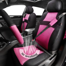 CAR PASS Rainbow Cool Universal Fit Two Front 3D Air Mesh Car Seat Cover with Steering Wheel & Blet Cover-Airbag Compatible (Front Seats only, Black- Pink)