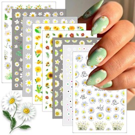 Daisy Sunflower Nail Stickers Yellow Daisy Nail Decals Spring Summer Nail Art Supplies Small Daisies White Floral Flowers Sunflowers Leaf Nail Designs for Women DIY Acrylic Nail Decoration 8Sheets