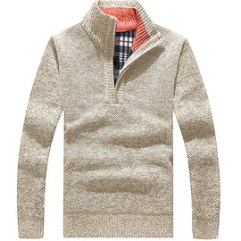 Les umes Mens Quarter Zip Jumper Plaid Fleece Lined Knit Turtleneck Sweater Warm Long Sleeve Stand Collar Pullover Khaki 2XL