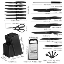 HaWare Knife Set, 21 Pieces Stainless Steel Kitchen Knife Block Set, Black Chef Knife Sets with 6 Steak Kinves, Measuring Spoon & Slicer for Home, Sharp Blade & Light Weight Cutlery, Ergonomic Handle