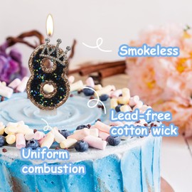 JEQUD Birthday Number 18 Candles, Black Crown Candle with Sequins, Non-Smoking, Non-Toxic, Odorless, Long Burning, Modern, Ornate, Unscented
