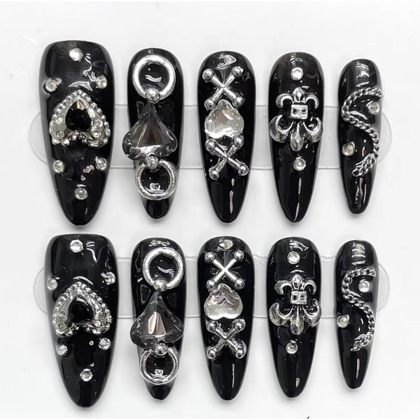 Nail Tip, Handmade, Press On Nails, Black, Cute Pink, School