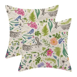 Spring Pillow Covers 18x18 Inch Set of 2, Easter Bunny Rabbit Flower Leaves Decorative Throw Pillows Farmhouse Linen Vintage Botanical Plants Pillow Case for Sofa Bedroom Living Room Outdoor