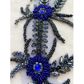 ESOSZNUA Two Colors Handmade Shining Rhinestones lace Applique Patches Sewing Beads Sequins Stone Trim Accessories for Wedding Dress 1 Pair/Bag 5X17.7inches (Deepblue)