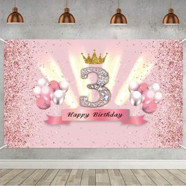 3rd Birthday Banner 3rd Birthday Decoration Rose Gold Party Decoration Girl, Fabric Sign Poster 3rd Anniversary Party Crown Birthday Banner Table Decoration Poster, Glitter Pink