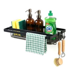 Kitchen Sink Organiser, Sink Organiser with Drain Pan and Hooks, Sink Shelf, Kitchen Shelf, Dish Cloth Holder, No Drilling, Black