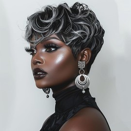 Pixie Cut Wig Short Curly for Black Women - Mixed Grey With Bangs, Natural Short Wigs (Black Mixed Grey)