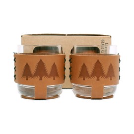 OOWEE: Leather Wrapped Rocks Glass Set of 2 - Pine Trees Logo - 9oz Rocks Glasses with Handmade Leather Wrap