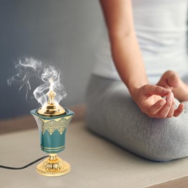 Ciieeo Electric Incense Burner Metal Bakhoor Burner Holder Oud Frankincense Resin Burner for Yoga Spa Office Home Decor Green