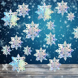 OuMuaMua Winter Christmas Snowflake Decorations, 24PCS 3D Laser Iridescent Snowflakes Hanging Decorations for Christmas Winter Wonderland Holiday Home Decorations Indoor