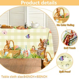 Quimoy Easter Tablecloth Rectangular 60x84 Inch, Cute Bunny Eggs Flower Butterfly Rabbits Table Cloth, Easter Plaid Table Cover for Party Banquet Picnic Kitchen Dinner Decor
