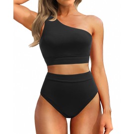 Holipick Black Women One Shoulder High Waisted Bikini Sets Two Piece Swimsuit Tummy Control Bathing Suit Full Coverage Swimwear M