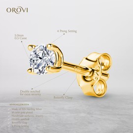 Orovi 1 Carat Moissanite Earrings for Women 18k Yellow Gold Plated, 925 Sterling Silver Stud Earring Jewelry Gift for Men and Women