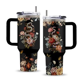 Uibunoo Goth Gifts for Women, 40 Oz Flower of Darkness Tumbler with Handle & Straw, Goth Water Bottle, Birthday Gifts for Gothic Lovers Snake Lovers, Stainless Steel Goth Tumbler