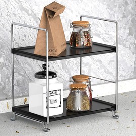 kaileyouxiangongsi Plastic/Metal Freestanding Stackable Organizer Shelf,Bathroom Countertop Storage Shelf Cosmetic Organizer Holder Kitchen Spice Rack,2-Tier Standing Rack (Silver & Black)