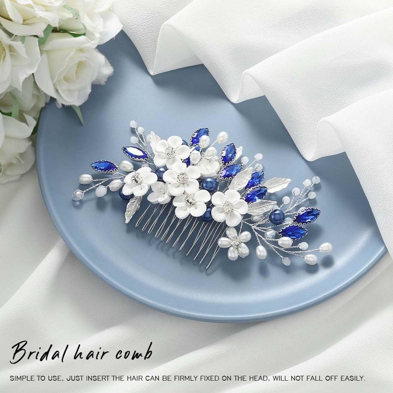 Unicra Bridal Wedding Hair Comb Flower Hair Accessories Blue Crystal