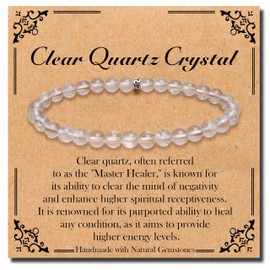 BONNY BOXX Natural Stretch Healing Gemstone Bracelet, 4/6/8mm Semi Precious Stone Bracelet for Men Women, Stress Relief Crystal Jewelry, 6MM, Gemstone, clear quartz