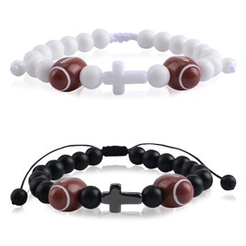 WANDIC Kreuz-Gebetsarmband, dehnbar, verstellbar, mit Zugseil, Rugby-Design, Stein, handgefertigt, Jesus, Gebetsgeschenk für Männer und Frauen, 2 Stück, Stein