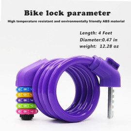 IDEALUX Sport Bike Lock Cable, 4-Feet Bicycle Cable Lock with 5-Digit Combination Bike Cable Lock, Resettable Large Head Cable Lock Combination 120CMX12MM- Purple