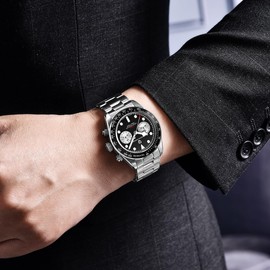 LACZ DENTON Pagani Design 1718 Panda Dial Men's Chronograph Watches Japan VK64 Movement Stianless Steel 100M Waterproof Men Fashion Casual Watch (Black-1)