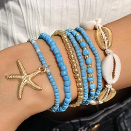 7Pcs Shell Bracelet for Women Girls Gold Layered Beach Seashell Bracelet Anklet Bohemian Huggie Beaded Vintage Starfish Stackable Fringe Woven Charm Bracelets Charm Accessories Jewelry Gifts(Blue)