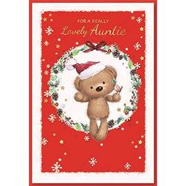 Auntie Christmas Card - Santa Bear and Robin Holly Circle Glitter Foil 7.5x5.25"