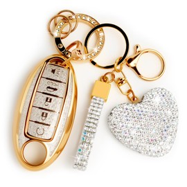 Nomiyo 5 Button Key Fob Cover with Diamond, Compatible with Nissan Altima Maxima Rogue Armada Pathfinder, Sparkling TPU Key Case and Bling Heart Decoration for Women, B-Style (White)