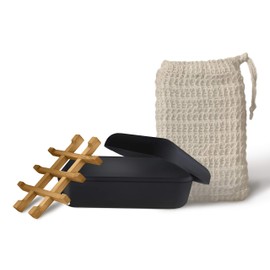 EDARTO 2 x Sustainable Eco Friendly Natural Bamboo Wood Soap Dish with Bamboo Fibre Draining Tray + 2 x Soap Bags / 100% Natural Sisal for Body Scrub