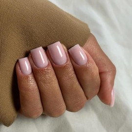 Uñas postizas de color rosa polvoriento, cortas, cuadradas, de gel natural, acrílicas, con pegamento, capa protectora destacada, gruesas, reutilizable