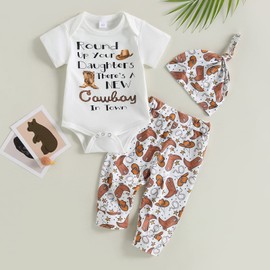 Gaono Newborn Baby Boy Coming Home Outfit Western Cowboy Clothes Boots Print Short Sleeve Romper Long Pants With Hat Set (White, 0-3 Months)