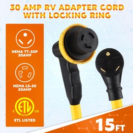 Kanayu 15ft 30 Amp RV Adapter RV Extension Cord with Locking Connector Plug NEMA TT-30P to L5-30R, Generator Extension Power Cord Adapter Plug with 90° Grip Handle, 10AWG/3C STW, ETL Listed