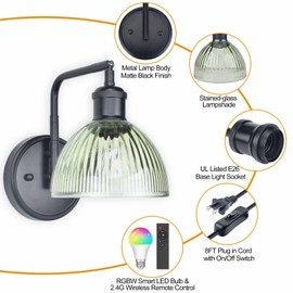 Plug in Wall Sconces Set of 2, Modern Gold Swing Arm Wall Lamp with Stripes Glass Lampshade, Plug-in or Hardwire Edison Bulb Wall Light fixture for Living Room, Bedroom, Bedside, Doorway, Hallway