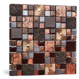 Blujellyfish Red Wine Colors Glass Tile 2'' x 2'' Leaf Carving Imprints Antique Mosaics Textured Rose Gold Metal Kitchen Bathroom Walls Backsplash Tiles (Pack of 5 Square Feet)