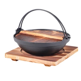 Japanese Style Sukiyaki Tetsu Pot Cast Iron Sukiyaki Pot with Wooden Lid and Trivet Hanging Stove Nabemono Hot Pot Home Use or Hiking Stove Pan Stockpot Wok for Outdoor (9.5"D (3-4 Person))