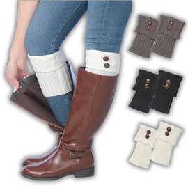 Tipi Toe Women's 3 Pairs Timeless Black Grey White with 2 Brown Button Highlights Knitted Leg Warmer Boot Topper Cuffs, One Size, LW30-3-T1