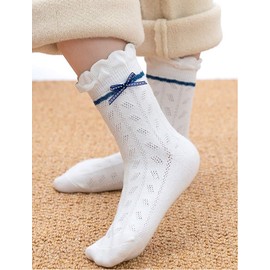 QinTian Socks, Girls, Children's Socks, White, Cute, Ribbon, Princess, Students, School Commutes, Set of 3 Pairs, 2037D