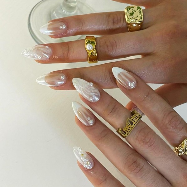 Almond Press on Nails Medium Fake Nails with 3D Pearls