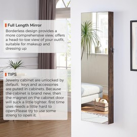 GISSAR Full Length Mirror Jewelry Cabinet, 6 LEDs Jewelry Armoire Wall Mounted Over The Door Hanging, Jewelry Organizer Storage with Lights Lockable, Vintage Brown, 14.6" x 47.2"