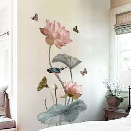 COVPAW® Wall Sticker XXL Lotus Pink Lotus Leaf Flowers Wall Sticker Mural Pictures Living Room Bedroom Decoration