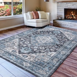6x9 Area Rugs for Living Room,Non Slip Washable Vintage Rug Boho Rugs Large Blue Area Rug Indoor Stain Proof Non-Shedding Carpet for Entryway Living Room Bedroom Kitchen(Blue)