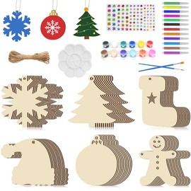Yjunue 60 PCS Wooden Christmas Ornaments Unfinished, 6 Styles DIY for Christmas Tree Decorations, Wooden Ornaments to Paint Crafts for Kids Adults Holiday Hanging Decorations