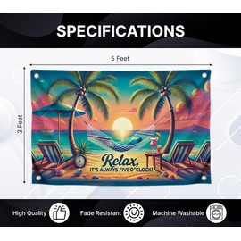 3x5 Feet Flag with 4 Brass Grommets - "Relax It's Always Five O'Clock" Relax Time Quote - Hammock and Beach Scene - Tropical Sunset Flag for Outdoor Decor - Relaxing Sunset Design Flags