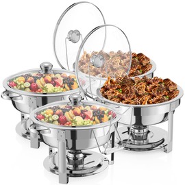 KWDOBUUS 4 Packs Chafing Dish Buffet Set,8QT Round Glass Cover Stainless Steel Buffet Servers and Warmers, Thick Stand Frame Catering Chafe with Mirror Covers,Food Warmer for Party, Weddings,Picnic