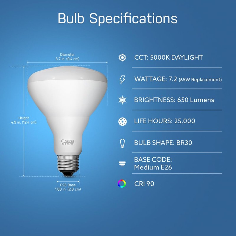 Feit Electric LED BR30 Bulbs, 65W Equivalent, 7.2W LED, 650