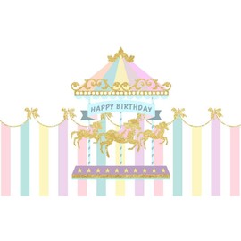 AOFOTO 9x6ft Polyester Baby Girl Happy Birthday Backdrop Pink Striped Tent Merry-go-Round Golden Horses Carousel Background for Kids Bday Party Decoration Birthday Photo Studio Props No Wrinkle
