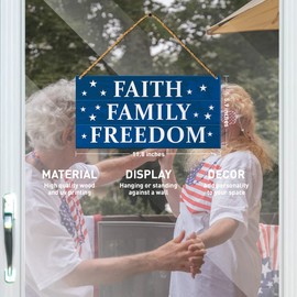 America Patriotic Sign Decor, Faith Family Freedom, July 4th Home Front Door USA Decor Independence Day Memorial Day Plaque Decoration for Home Porch Office Party