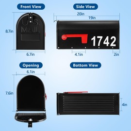 Saillong Mailbox with Number Stickers, Galvanized Steel Black Post Mount Mailbox for Outside and 5 Sets Reflective Mailbox Number Stickers for Mailbox Address (Patent Design)